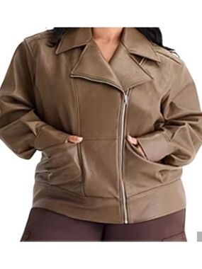 Ashley Graham Brown Faux Leather Zip-Front Jacket